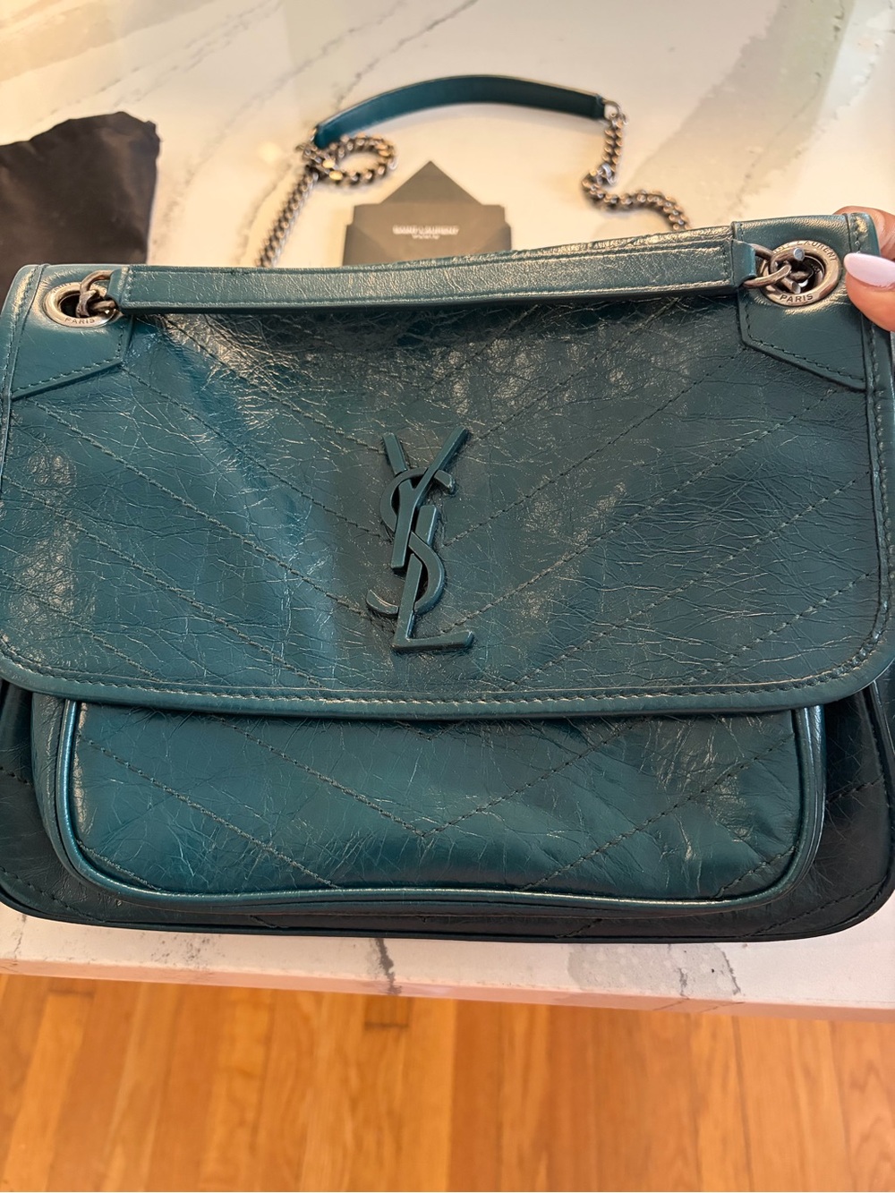 Saint Laurent Niki Crinkle Teal Blue Leather YSL Flap Shoulder Bag